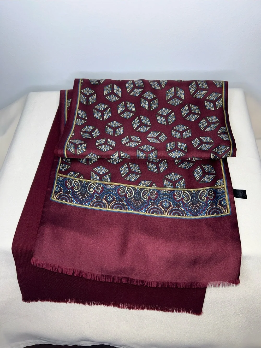 Vintage Silk Scarf for Men 1970s Burgundy Geometric Paisley Dandy Opera Style
